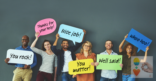 Branded art for my free weekly newsletter. Various people standing next to each other and holding up a paper “word balloon” with the words "You Rock!” and other positive affirmations.