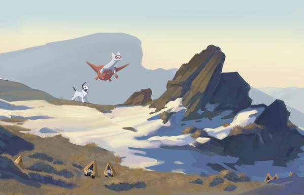 on a mountain cliff covered with snow and dry grass stands absol, above him flies latias. they look at a chain of six snorants making their way between the stones