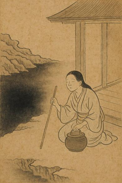 A blind woman with a walking stick and a pot, standing on the threshold of her home and reaching outward toward an unseen precipice. The motif is based on early Buddhist visual representations of avidyā (ignorance), commonly featured in the bhāvacakra or ‘Wheel of Life’ illustrations. The blind woman symbolizes the fundamental misapprehension of reality — the inability to perceive things as they truly are — which in Buddhist doctrine stands at the origin of the cycle of dependent origination and the perpetuation of suffering (dukkha). Source: Created with DALL•E.
