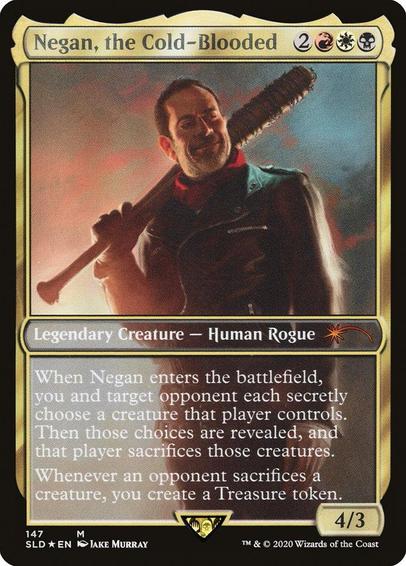 Card Name: Malik, Grim Manipulator
Set: Secret Lair Drop
Description: When Malik, Grim Manipulator enters, you and target opponent each secretly choose a creature that player controls. Then those choices are revealed, and that player sacrifices those creatures.
Whenever an opponent sacrifices a creature, you create a Treasure token.
Artist: Jake Murray