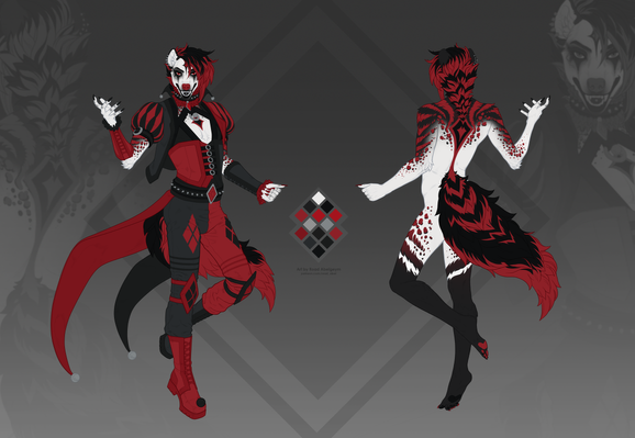 Digital refsheet of a male hyena furry character design in the theme of jester\Harley Quinn.