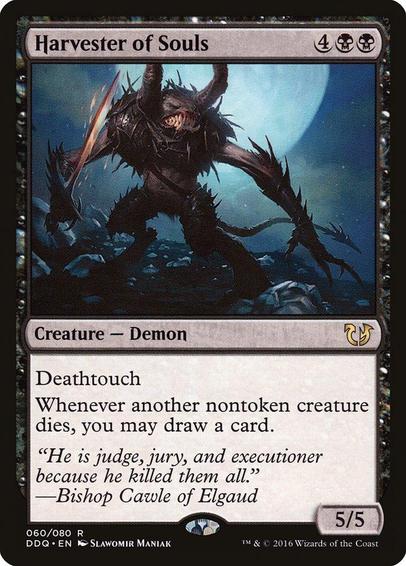 Card Name: Harvester of Souls
Set: Duel Decks: Blessed vs. Cursed
Description: Deathtouch (Any amount of damage this deals to a creature is enough to destroy it.)
Whenever another nontoken creature dies, you may draw a card.
Artist: Slawomir Maniak
