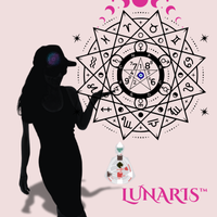 A stylized digital artwork featuring a silhouetted woman in a ballcap, with long flowing hair, facing a large mystical mandala. The mandala is composed of two overlapping star patterns, containing astrological glyphs, moon phases, planetary symbols, and sacred geometry. At the center is a wheel displaying numbers and elemental markings.

The woman’s pose is graceful and powerful — one hand extended toward the wheel, the other near her side. A glowing third-eye-like cosmic symbol is subtly visible on her cap. Below her hand floats a transparent 3D crystal structure resembling a pendulum, containing alchemical symbols.

The background is soft pink, giving contrast to the bold black elements. At the bottom right is the Lunaris™ logo in magenta, styled in a fantasy-modern typeface.

The entire image evokes a sense of mystery, magic, divine femininity, and sacred intelligence — merging mysticism with modern spiritual tech.

