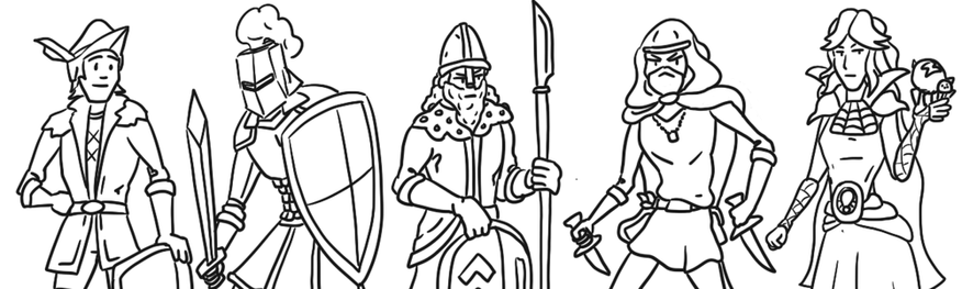 Five hand-drawn line art portraits of fantasy medeival characters. From left to right, an optimistic young squire, an armor-clad knight holding a sword, a bearded man-at-arms holding a spear and a shield, a masked rogue holding two daggers, and a spider-mage with a spider familiar in her hand.