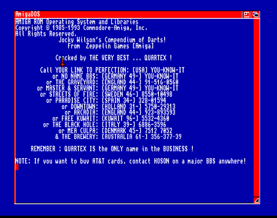 Screenshot of "Jocky Wilson's Compendium of Darts" - Crack: Quartex - Published by Zeppelin Games on Commodore Amiga (1993)