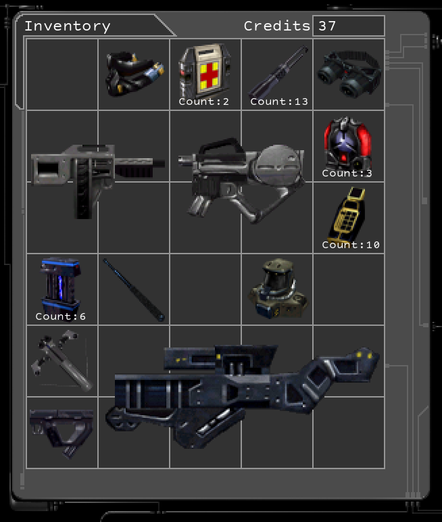 An inventory screen containing:
Tech Goggles
Rebreather
Hazmat Suit
Electromagnetic Pulse (EMP) Grenade (Count: 6)
Assault Rifle
Guided Explosive Projectile (GEP) Gun
Lightweight Attack Munitions (LAM) (Count: 3)
Mini-Crossbow
Stealth Pistol
Baton
Multitool (Count: 10)
Assault Shotgun
Lockpick (Count: 13)
Medkit (Count: 2)
