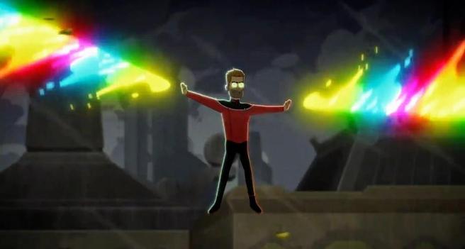 Star Trek Lower Decks scene. We're outside on a  planet with large industrial buildings in the background at night. Hovering in mid-air is Commander Ransom. He's floating and shooting rainbow colored fire out of each arm. His eyes glow yellow. 