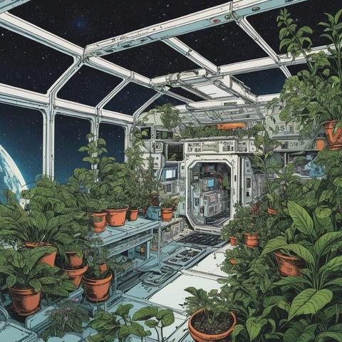 Model: RealVisXL V4.0
(1980s illustration, comic book, vector, 4k, hyper-detail), a space station full of plants