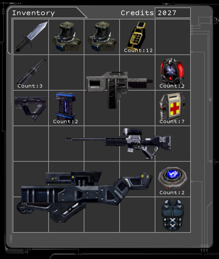 An inventory screen containing:
Guided Explosive Projectile (GEP) Gun
Hazmat Suit
Hazmat Suit
Ballistic Armor
Sniper Rifle
Bioelectric Cell (Count: 2)
Lightweight Attack Munitions (LAM) (Count: 3)
Stealth Pistol
Electromagnetic Pulse (EMP) Grenade (Count: 2)
Assault Shotgun
Medkit (Count: 7)
Lockpick (Count: 3)
Multitool (Count: 12)
Combat Knife
