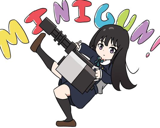 Drawing of Takina Inoue kicking out her right foot while holding a minigun. There is the text "MINIGUN!" behind her in bubble letters.