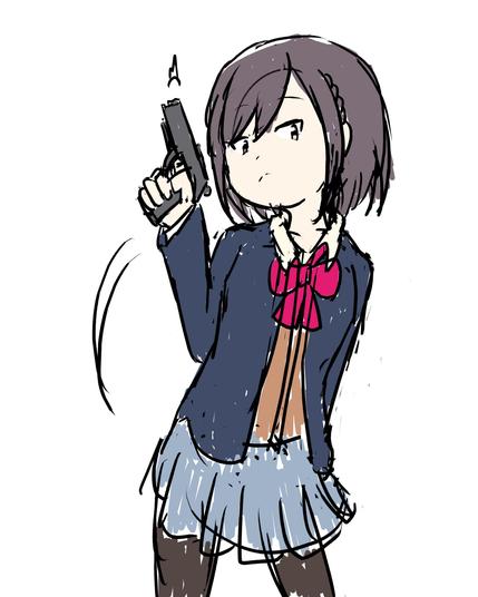 Rough sketch of Ena Shinonome in winter uniform leaning forward slightly holding a pistol in her right hand.