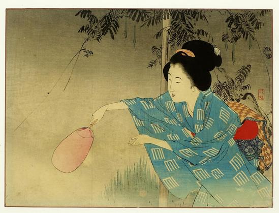 Woodblock print of a woman in kimono trying to catch fireflies with her fan.

Image thanks - https://ukiyo-e.org/