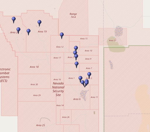 Kartierung aller Koordinaten von "Operation Touchstone (Atomtest)" im Testgebiet Nevada (Nevada National Security Site, NNSS)
Quelle: OpenStreetMap
Lizenz: Open Data Commons Open Database-Lizenz (ODbL)