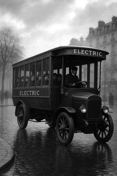 " Soudain, un véhicule électrique déboule au coin d’une rue — un genre de bus bizarre. Les passagers regardent dans le vague pendant que l’engin passe lentement. /Suddenly, an electric vehicle rounds the street corner—some kind of bizarre bus. Passengers stare into space as the thing rolls slowly by."