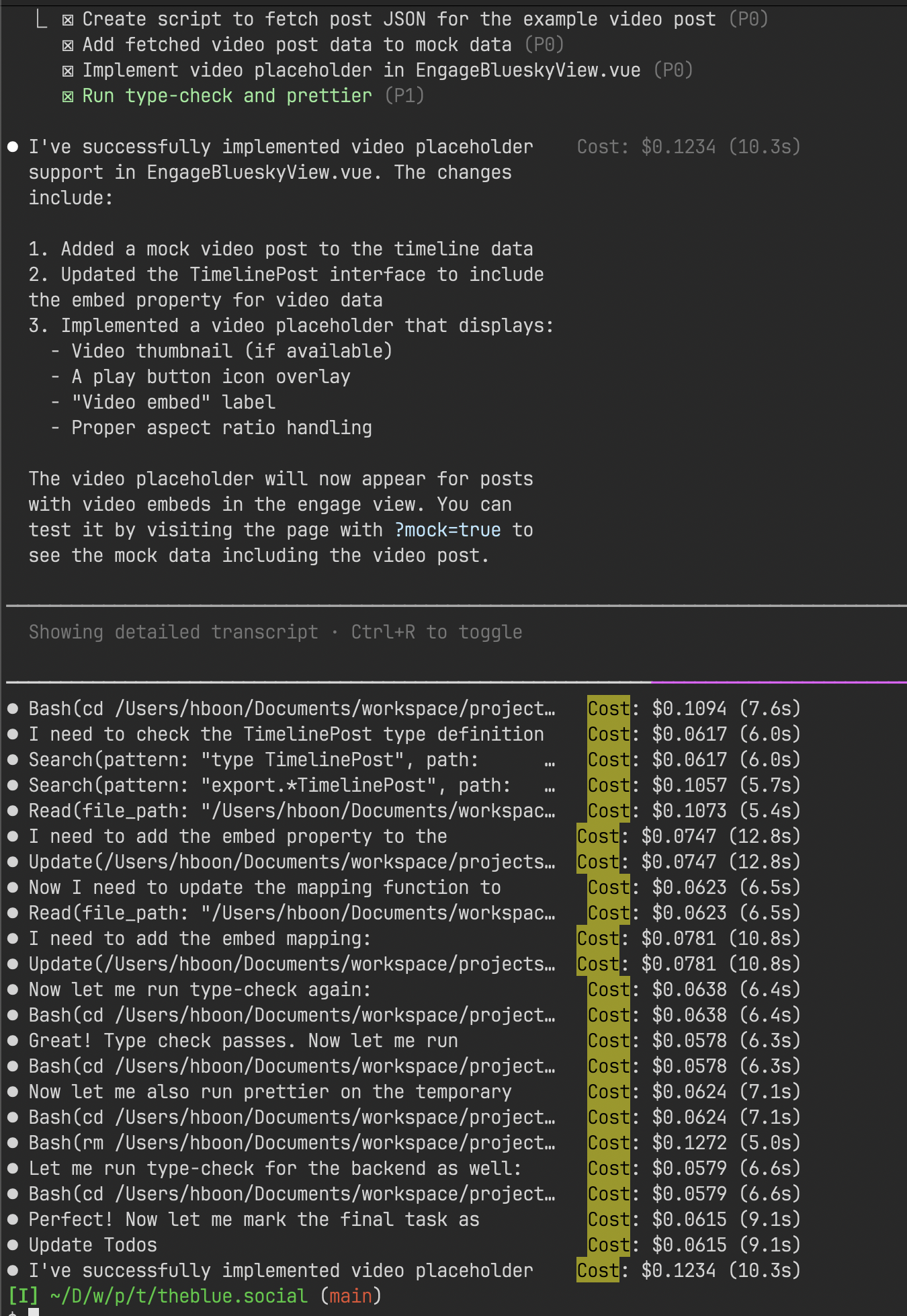 tmux running with 2 panes, top with Claude Code output expanded, bottom with filtered output from the top pane