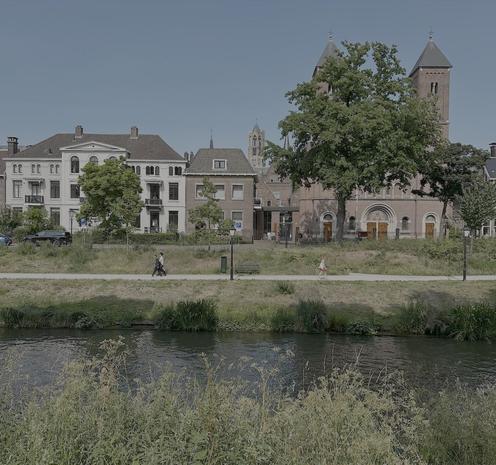 Water with green waterfront with footpath, in foreground flowers. In the background facades of buildings, a tree.