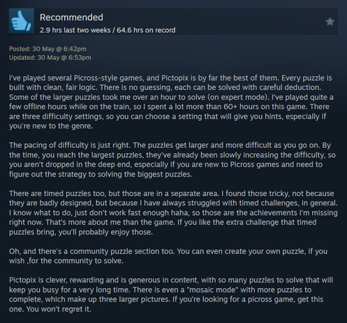 Review of my game Pictopix (available on Steam for Windows, MacOS and Linux)