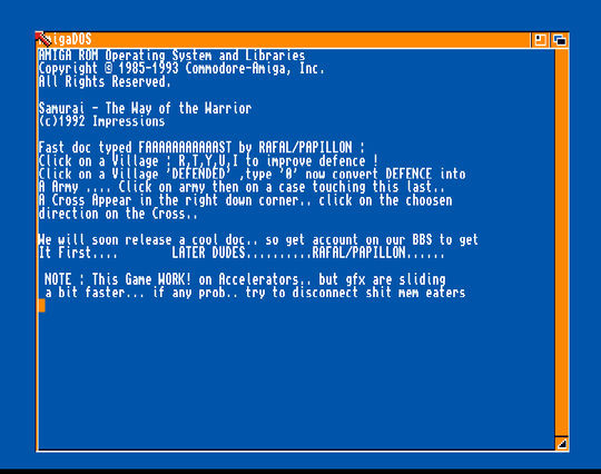 Screenshot of "Samurai - The Way of the Warrior" - Crack: Papillon - Published by Impressions on Commodore Amiga (1992)