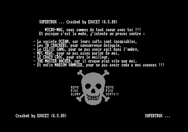 Screenshot of "Super Trux" - Crack: Exocet - Published by Elite Systems on Amstrad CPC (1988)