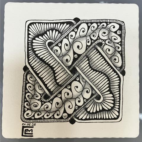 Finished tile with black ink patterns and graphite shading. 