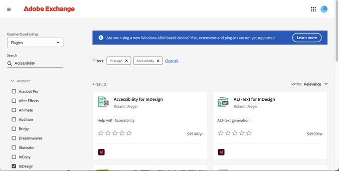 Adobe Exchange website showing search results for plugins related to "Accessibility" and "InDesign." Four results are displayed, including "Accessibility for InDesign" and "ALT-Text for InDesign," both by Roland Dreger, priced at $49.00 per year. The interface includes a sidebar with product filters such as Acrobat Pro, After Effects, Animate, Audition, Bridge, Dreamweaver, Illustrator, InCopy, and InDesign. The entries are sorted by relevance.