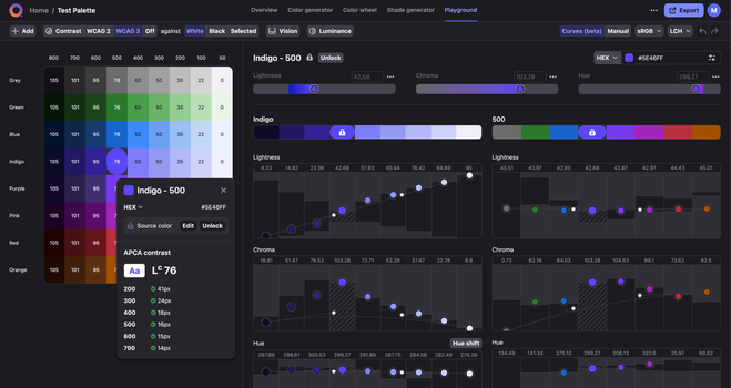 A screenshot of Atmos, showing a color palette with WCAG 3 color contrast values and various curves for adjusting the lightness, chroma and saturation of the currently selected color.