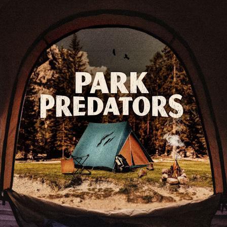 Park Predators

The title 'Park Predators' is written in large, bold white capital letters.
As a cover the podcast uses a peaceful picture of camping, from our tent we can see another tent with smoking fire in front of it and only some details add sinister feeling as if there's something wrong with it, we can see camping chair thrown on the ground, weirdly big scratches on the tent as if it was a beast or someone with a knife, there are 2 predatory birds in the sky adding to the atmosphere
