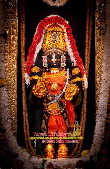 Idol of Hindu deity Krishna dressed in red; wearing gold shoes, crown, and several ornaments; hands in blessing pose. A dense string of red roses between two strings of white flowers goes from Krishna's left shoulder to the right shoulder via the top of the crown.

The sides of a gold frame/arch behind Krishna are visible. A thick white flower garland along the sides of the arch stretches from the left side to the right side making the bottom of U shape at Krishna's feet.