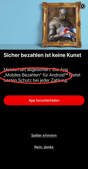 Pop-up in der App der Sparkasse auf iOS, für Android eine App herunterzuladen