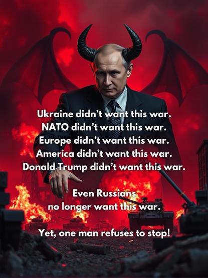 The image portrays Putin in a suit with devil horns and wings, standing against a dramatic, fiery backdrop featuring destroyed buildings and tanks. The text on the image suggests that various nations and individuals did not want war, yet it implies that one person is responsible for its continuation.