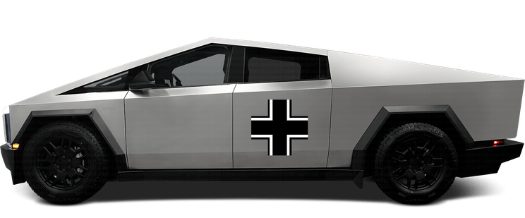 Tesla Cybertruck, commonly called the Wankpanzer, with German Wehrmacht insignia.