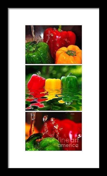 This image can also be purchased as a horizontal collage upon request.
THE FINE ART AMERICA LOGO WILL NOT APPEAR ON PURCHASED PRINTS OR PRODUCTS.

Capsicum or bell peppers are a genus of flowering plants in the nightshade family Solanaceae. Its species are native to the Americas where they have been cultivated for thousands of years. In modern times it is cultivated worldwide and has become a key element in many regional cuisines. In addition to use as spices and food vegetables, capsicum has also found use in medicines.

The fruit of Capsicum/bell pepper plants have a variety of names depending on place & type. The piquant (spicy) variety are often called chili peppers or simply "chilies". The large mild form is called red pepper, green pepper or bell pepper in Nth America, peppers in Britain, and New Zealand, and typically just "capsicum" in Australia, and India The fruit is called paprika in some other countries. 

