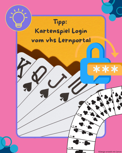 Hochformatiges Bild mit einem Rahmen in der Mitte. Im Rahmen ist ein Bild mit einem Kartenspiel zu sehen. Im Text steht: Tipp: Kartenspiel Login vom vhs Lernportal“ Oben links ein Kreis mit Glühbirnen-Icon, an den Seiten Bubbles.