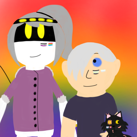Drawing of D and Liam looking at each other with a smile while Alice is looking somewhere else, not looking either of them. They all have pride flags painted on their cheeks which are asexual and pan flag for D, agender and unlabeled flag for Liam and trans and lesbian flag for Alice. The background is in rainbow flag's colors