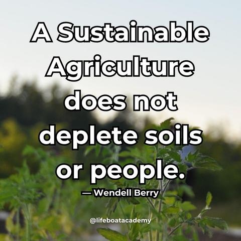 A social post from @lifeboatacademy which says:  A Sustainable Agriculture does not deplete soils or people. — Wendell Berry