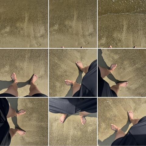A square of 9 shots of my feet in the sand by the waterline from different angles 