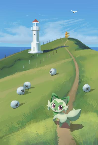 view of the high sea shore with a lighthouse. sprigatito stands nearby and looks back at us. Five wooloos graze in the distance, dragonite looks at the sky on the edge of the shore
