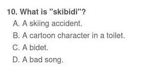 What is "skibidi"?
A. a skiing accident
B. a cartoon character in a toilet
C. a bidet
D. a bad song 