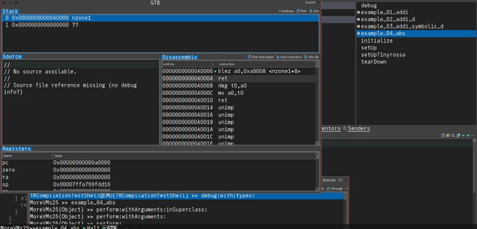 screenshot of a smalltalk-built risc-v debugger, showing disassembled risc-v instructions and register values. the debugger has "over instruction" and "into instruction" buttons.