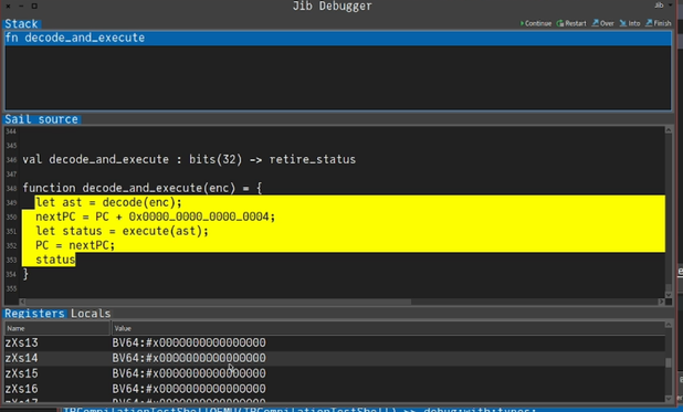screenshot of Sail source code after clicking "into instruction" button