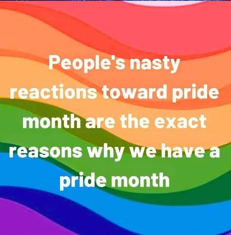 Rainbow graphic with the following text...
People's nasty reactions to Pride Month are the exact reasons why we have a Pride Month