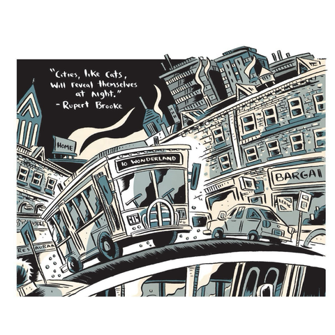 A comic page. A bus lumbers late night through The City. On board are a couple trying to get their drunk friend home.