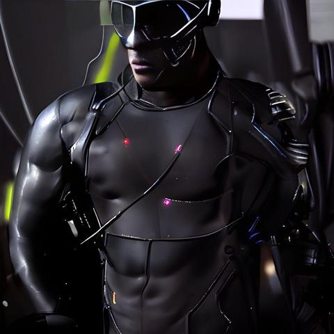 AI-generated image of a man covered in a black skintight coating, wires, and metal mechanisms, his lower face visible and emotionless