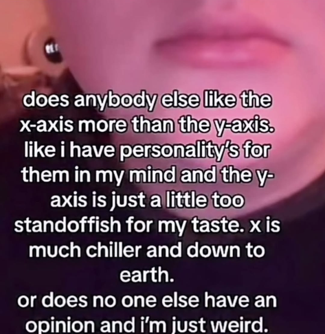 Does anyone else like the x-axis more than the y-axis. Like I have personalities for them in my mind and the y-axis is just a little too standoffish for my taste. x is much chiller and down to earth. Or does no one else have an opinion and i'm just weird
