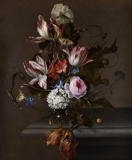 baroque still life with several flowers and butterflies on a tabletop with dark background. 