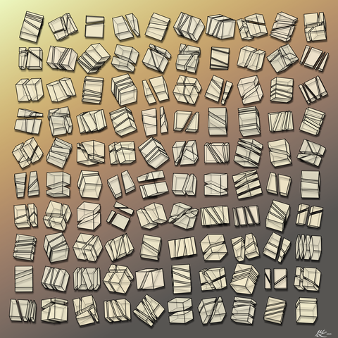 An array of translucent cubes, oriented at various angles, with fractures running through them, and fractures through some of the fractured pieces. The fractured pieces are set slightly apart from each other, like they were just now smashed and are starting to fall apart. The cubes are white over a slanted tan gradient background.