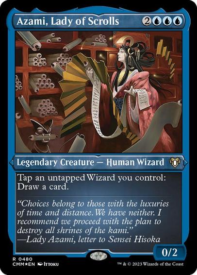 Card Name: Azami, Lady of Scrolls
Set: Commander Masters
Description: Tap an untapped Wizard you control: Draw a card.
Artist: Ittoku