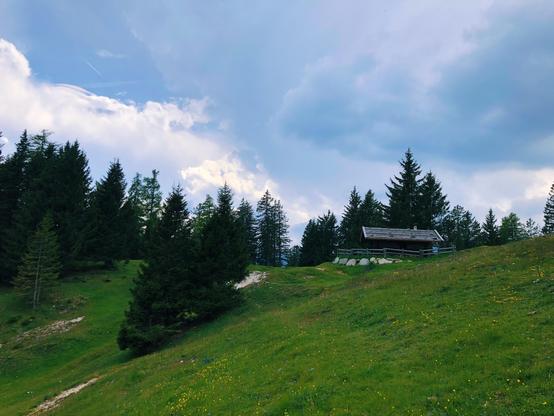 A mountain hut  at the top of the hill surrounded by trees