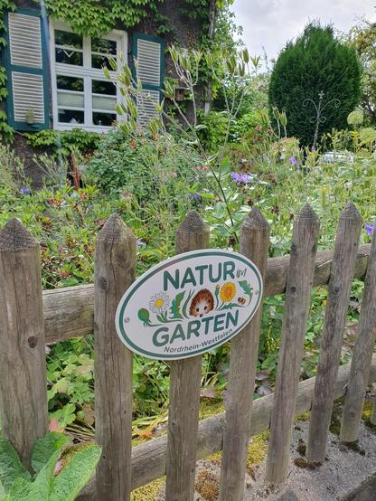 Ein Gebäude mit Fassadenbegrünung und einem Vorgarten mit Wildblumenwiese, einem hölzernen Zaun und einem Schild "Naturgarten Nordrhein-Westfalen".