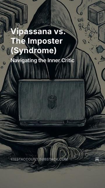 a stereotypical tech worker is seated cross-legged on the ground, open laptop on their lap, a hoodie obscuring their face. The text on the image reads "Vipassana versus The Imposter (Syndrome): navigating the inner critic. at 1testaccount.substack.com